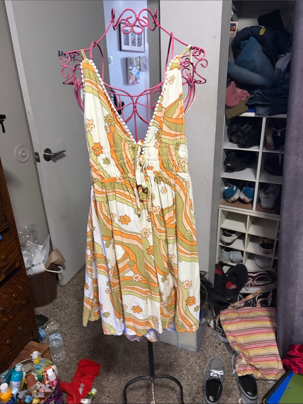 wild fable Floral Tie-Front Mini Dress in Cream, Orange & Green